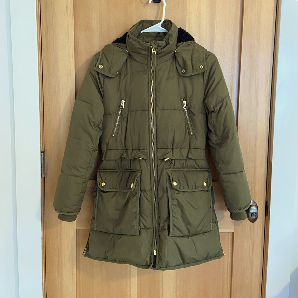 J.Crew Petite olive green Chateau Primaloft puffer coat XXSP